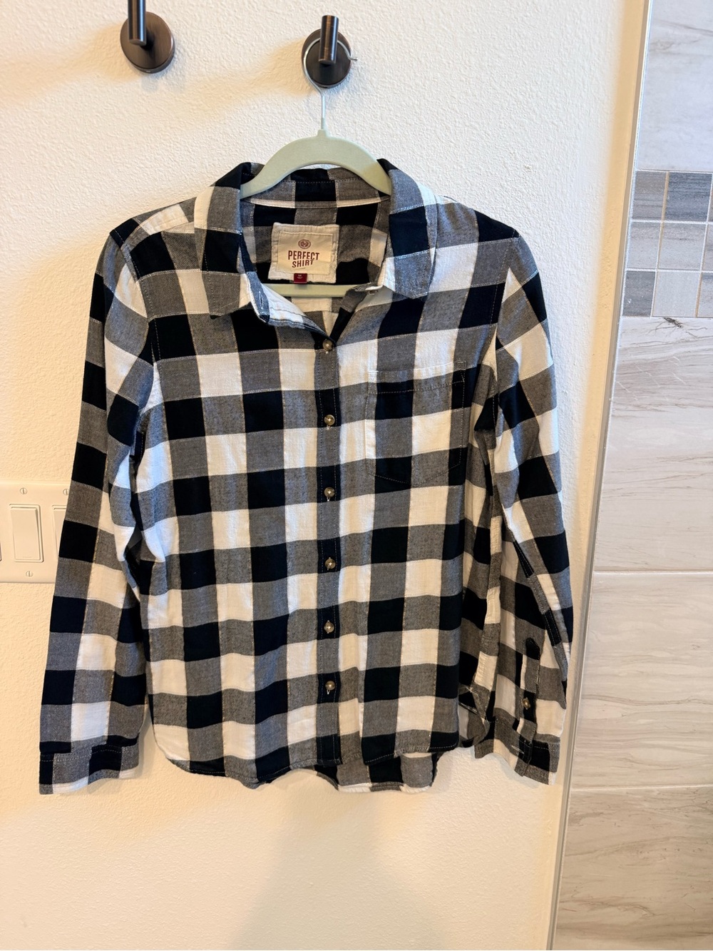 Woman’s Black & White and gold Plaid Button-Up Shirt